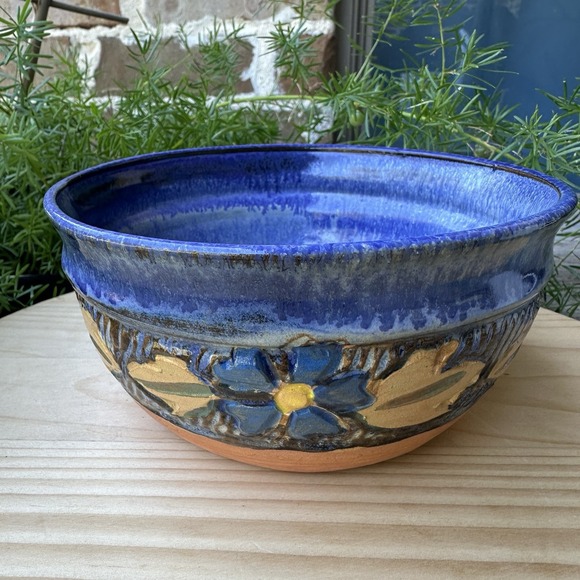 VTG Old River Run Pottery Bowl 5 7/8" Blue Floral Leaves Motif Signed Zaharis - Picture 2 of 11